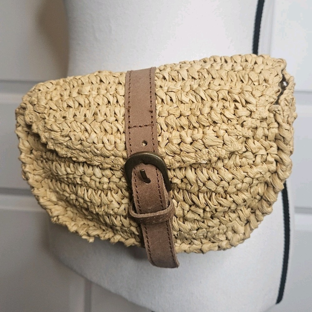 Anabaglish Raffia Belt Bag Fanny Pack Leather Belt Buckle Trim Coastal Chic